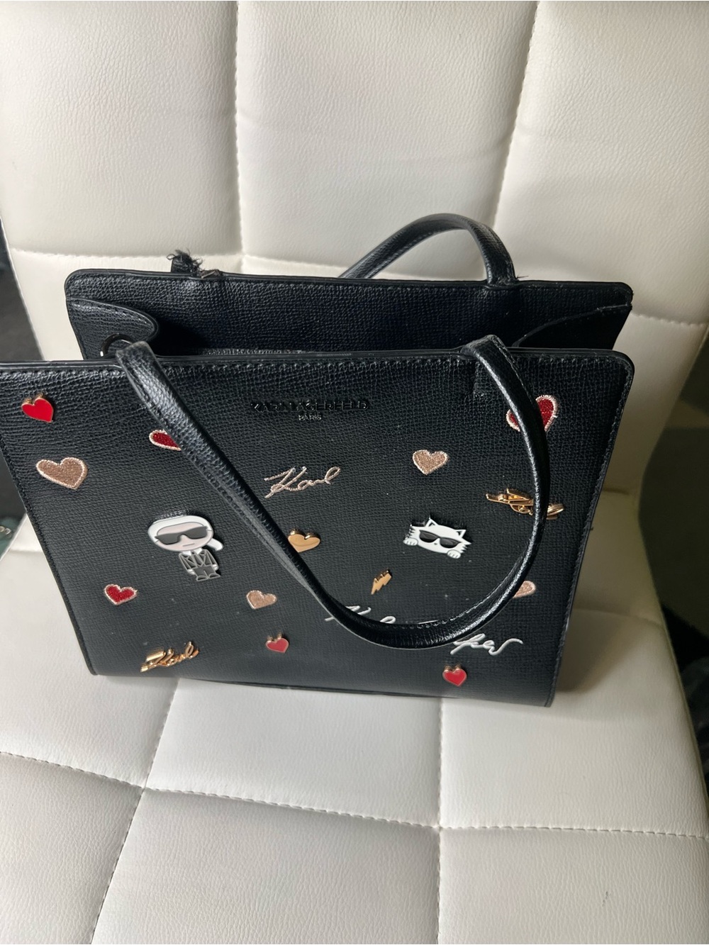 Karl Lagerfeld Black Leather Tote with Red & Gold Accents